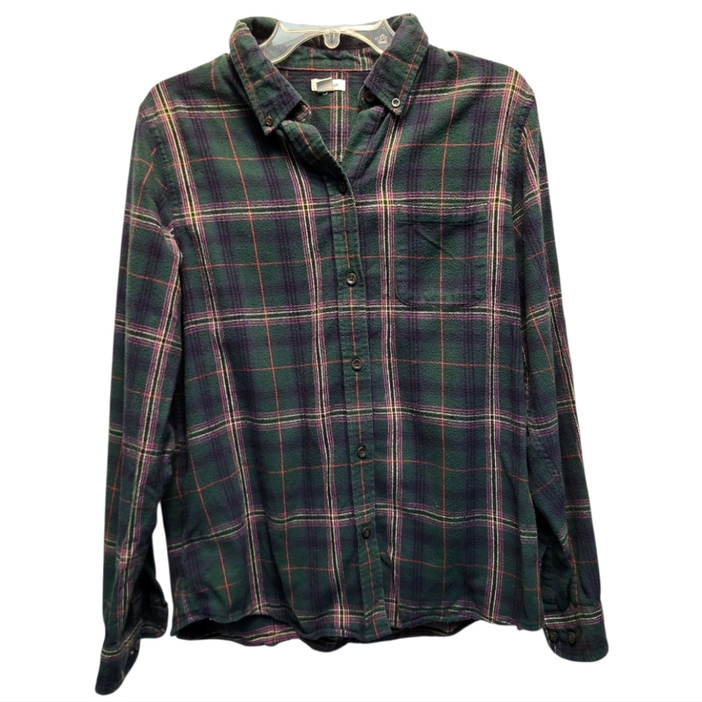 L.L. Bean Women's Green Scotch Plaid Flannel Shirt, Relaxed - Size M